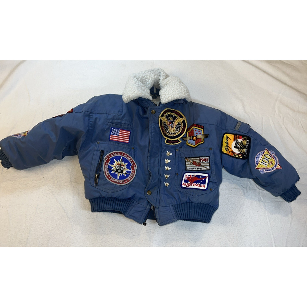 London‎ Fog Child's Bomber Jacket Size 5-6 Travel Patches Sherpa , Zipper Broken